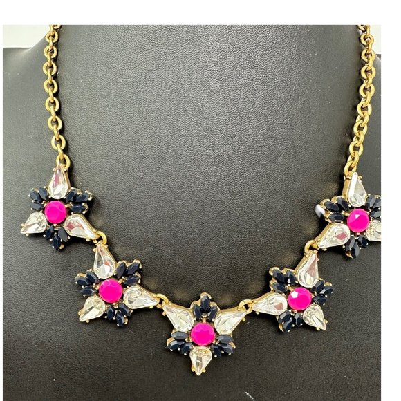 J.CREW Jewelry - J.Crew Floral Flower Cluster Statement Necklace Pink Black Adjustable Gold Tone